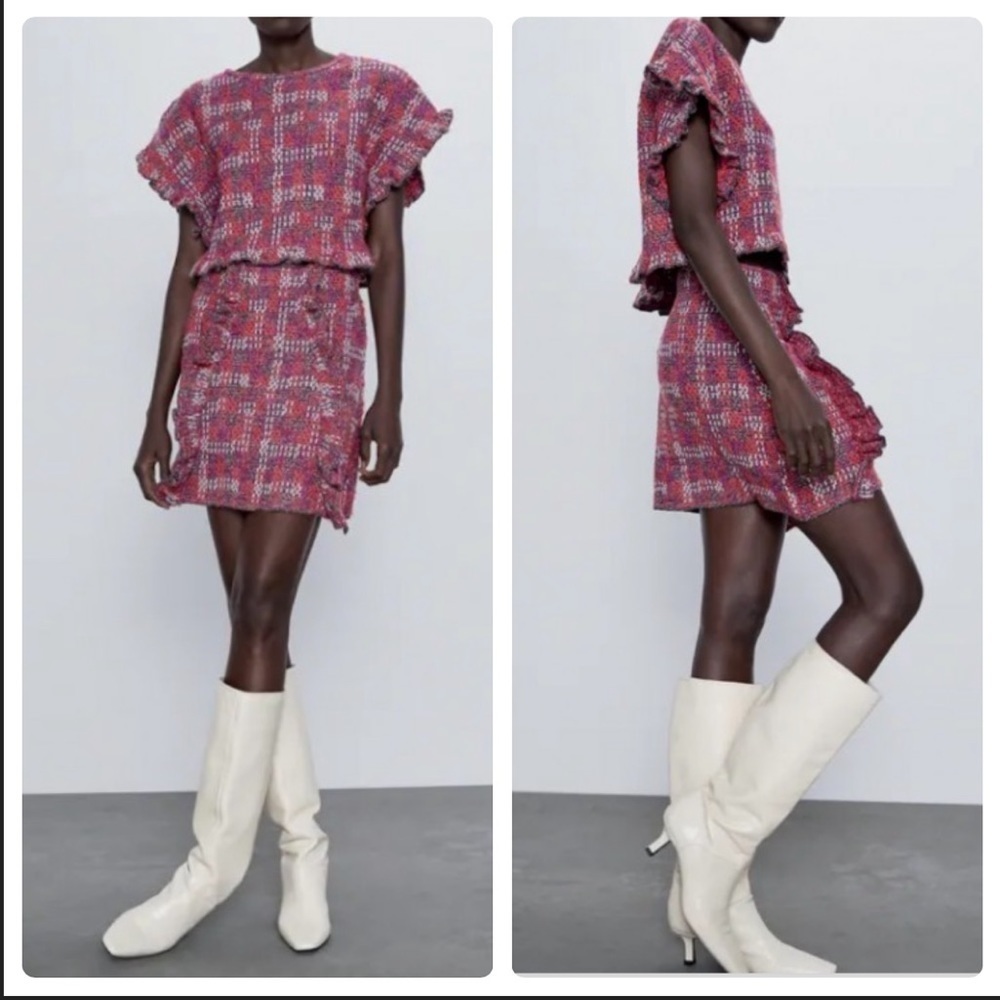 NWT Zara Pink Plaid Tweed Mini Ruffle Skirt Size Small